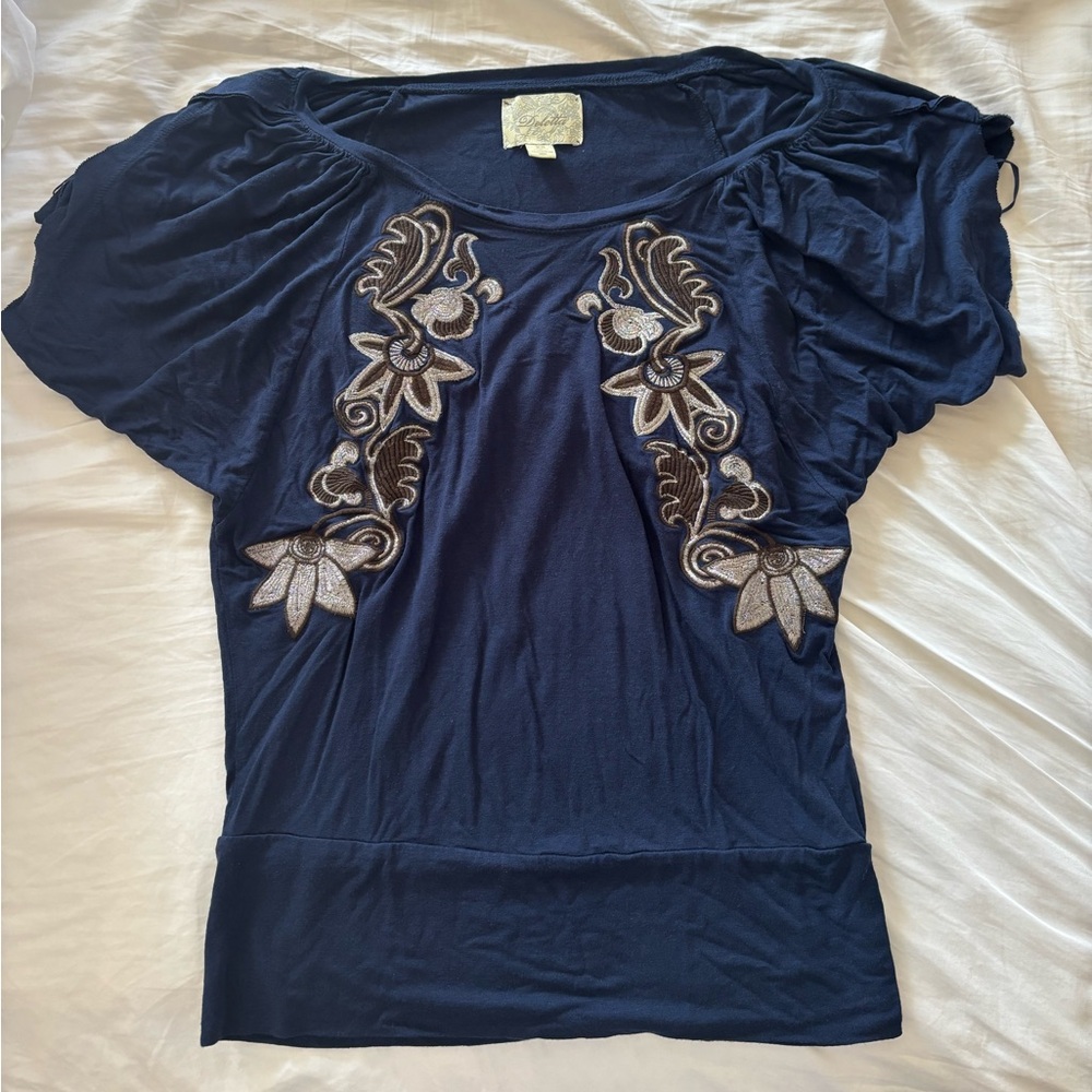 Anthropologie Deletta Navy Embroidered Scoop Neck Top